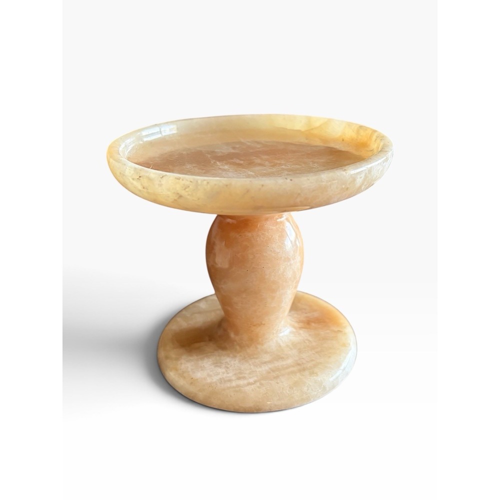 LG VINTAGE CARVED NATURAL BANDED ONYX MARBLE STONE FOOTED PEDESTAL CANDLE HOLDER
